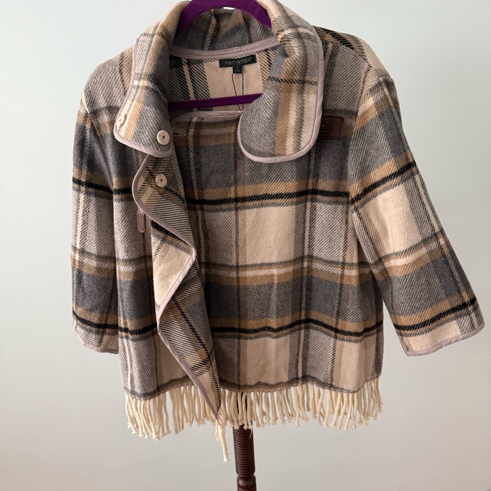 NWOT For Cynthia Plaid Fringe Jacket Coat L 3/4 Sleeve Buckle Snap Button Sz L - Picture 2 of 11